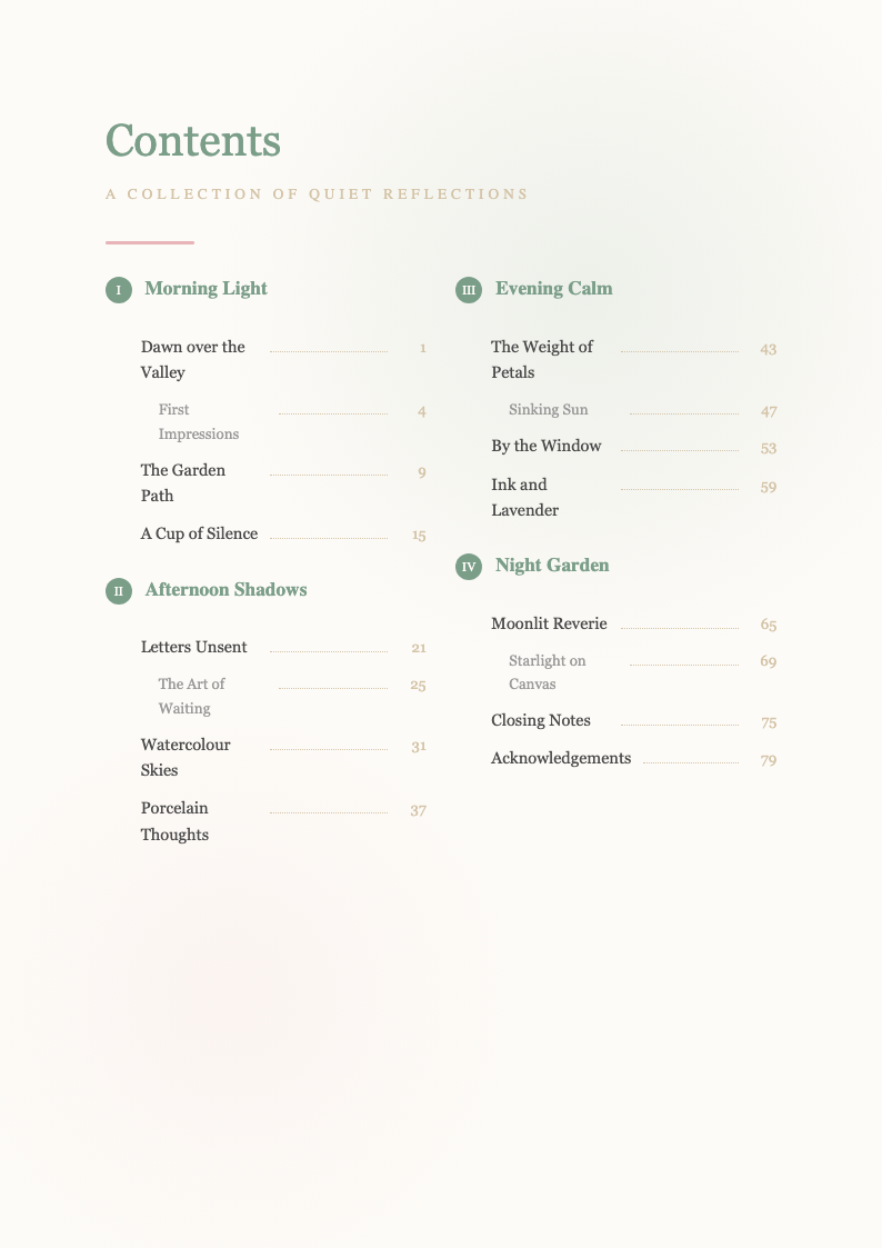 Watercolor soft book table of contents